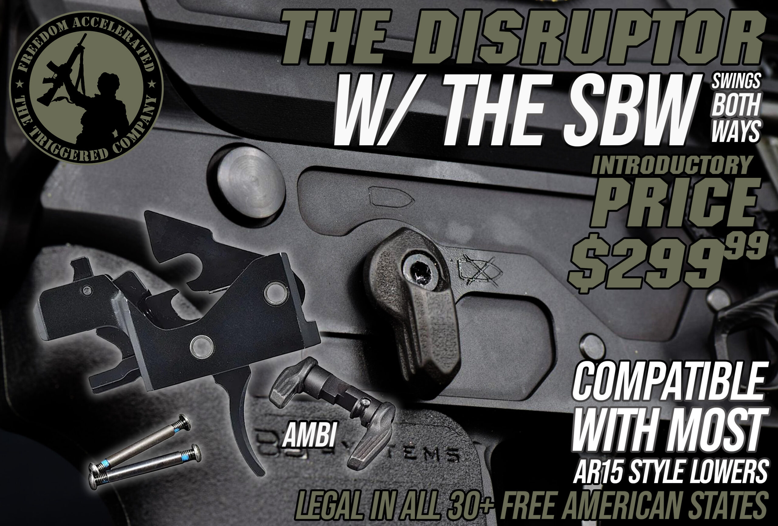 The Triggered Company Disruptor AR15 Rifle Trigger w/ The SBW Ambi-Selector – Black